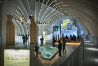 Interno della Cité du Vin a Bordeaux con architettura moderna a soffitto bianco lucido ad arco, visitatori che osservano un modello illuminato del vigneto di Bordeaux e schermi espositivi sulle pareti.