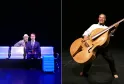 Due scene di spettacolo al Teatro Pont Tournant di Bordeaux: a sinistra, due attori in costume seduti su sedie blu illuminate con valigie; a destra, un musicista che suona il violoncello in abito da sera.